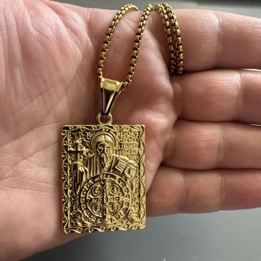 Saint Benedict Gold Tone Pendant Stainless Steel Cross Jesus Orthodox Unisex
